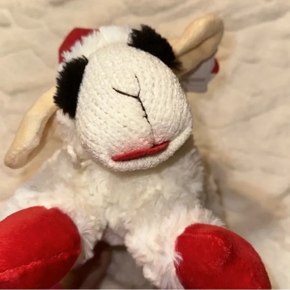 DreamW White Red Christmas Hat Holiday Plush Sweater Lamb Chop Squeaky Toy